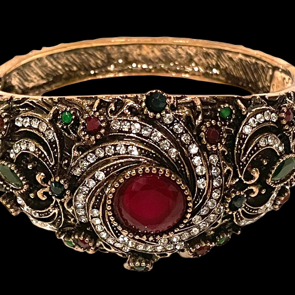 Glamorous Ruby and Emerald Turkish Brass Bangle Bracelet